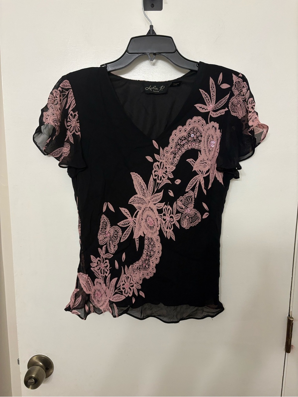 Lola P Petite Black Sheer Chiffon Butterfly Floral Y2K Whimsigoth Fairy Top L